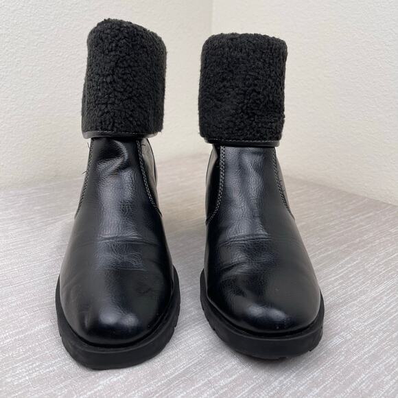Aerosoles Faux Fur Cuff Black Chunky Ankle Boots Womens 9.5M Winter Warm Comfort - Picture 2 of 9